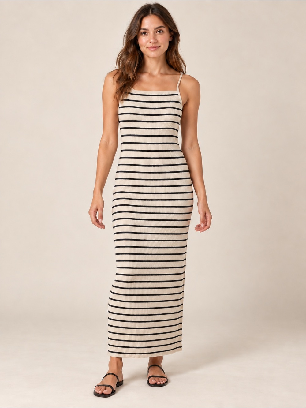 Abercrombie & Fitch Cream & Black Striped Ribbed Knit Maxi Dress, Size Small